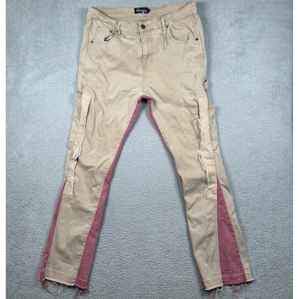 Sugarhill Mens Two Tone Distressed Carpenter Pants Tan Red Raw Hem Size‎ 40